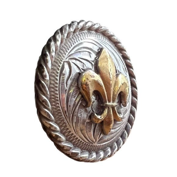 Vtg Fleur de Lis Real Leather Concho Braided Edge Gold Silver Plated Round 1.25" - Picture 2 of 5